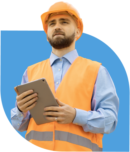 Homem segurando um tablet na mão, nas cores da marca da Hinc, a solução que integra inteligência em dados, gestão de planos de ação e comunicação para a indústria da construção.